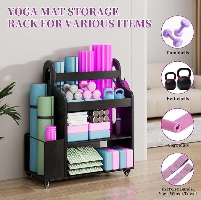 Weight Rack for Dumbbells, Home Gym Storage Rack Yoga Mat Holder with Wheels and Hooks, All in One Workout Storage for Yoga Mat, Foam Roller, Gym Organizer Storage for Home Exercise(Wood)