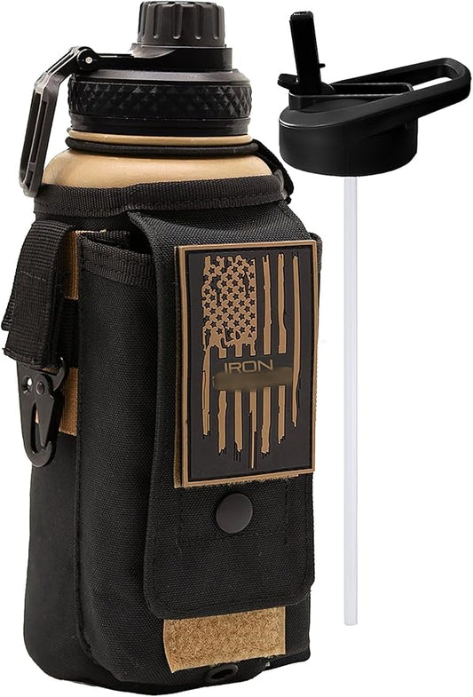 Iron Infidel Battle Bottle - 32 Oz Insulated Water Bottle with Straw Lid & Chug Cap, Stainless Steel Metal Flask Includes Rugged, Removable Sleeve for Keys, Wallet, & Phone (Brown Recluse 1 Liter)
