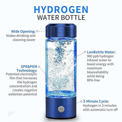 Hydrogen Water Bottle, Portable Hydrogen Water Ionizer Machine, Hydrogen Water Generator, 2025 New Rechargeable Hydrogen Rich Water Glass Health Cup for Home Travel (Blue)