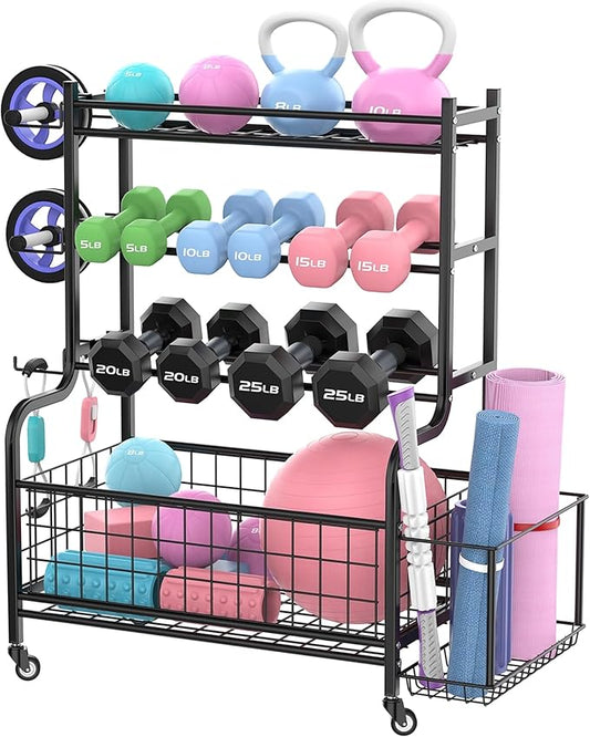 Dumbbell Rack Home Gym Weight Rack for Dumbbells, Kettlebells, Foam Rollers, Yoga Mats and Resistance Bands, Workout Gear Organizer With Wheels