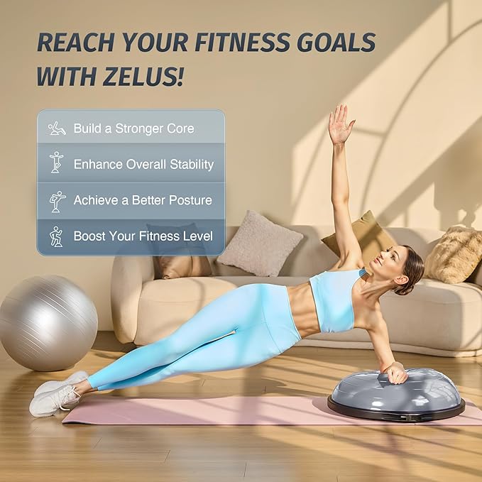 ZELUS 25in. Balance Ball | 660lb Inflatable Half Exercise Ball Wobble Board Balance Trainer w Nonslip Base | Half Yoga Ball Strength Training Equipment w 2 Bands, Pump, Extra Ball Included