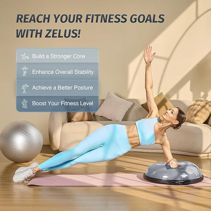 ZELUS 25in. Balance Ball | 660lb Inflatable Half Exercise Ball Wobble Board Balance Trainer w Nonslip Base | Half Yoga Ball Strength Training Equipment w 2 Bands, Pump, Extra Ball Included