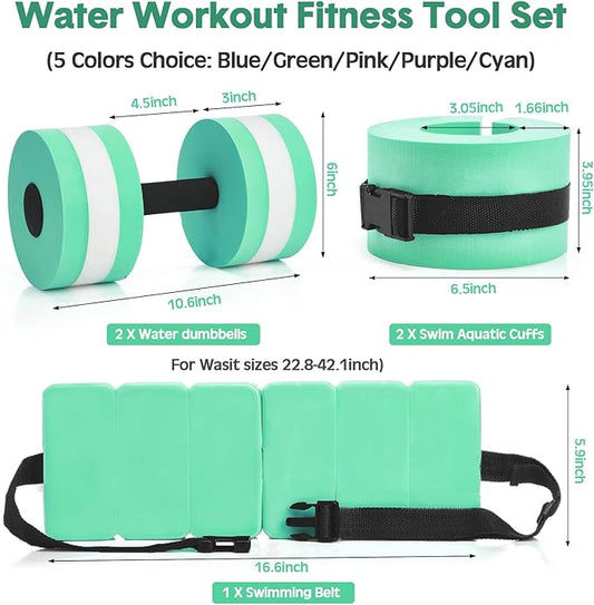 5 Pcs Aquatic Exercise Set Including 2 Ankle Swimming Weights 2 Lightweight Aquatic Exercise Dumbbells and Swim Belt Pool Exercise Equipment for Aquatic Aerobics Exercise