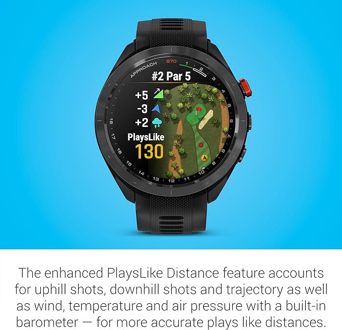 Garmin Approach S70 Golf Smartwatch, Full-Color CourseView Maps AMOLED Display, Advanced Shot Execution & Putt Alignment, Immersive Golfing Experience w/Signature Stand Power Bundle