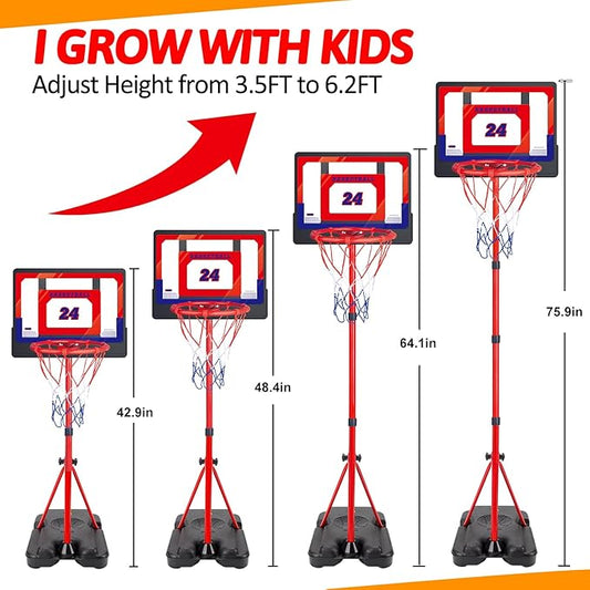 Kids Basketball Hoop Adjustable Height 3.5 ft-6.2 ft 2-4-6-8 First