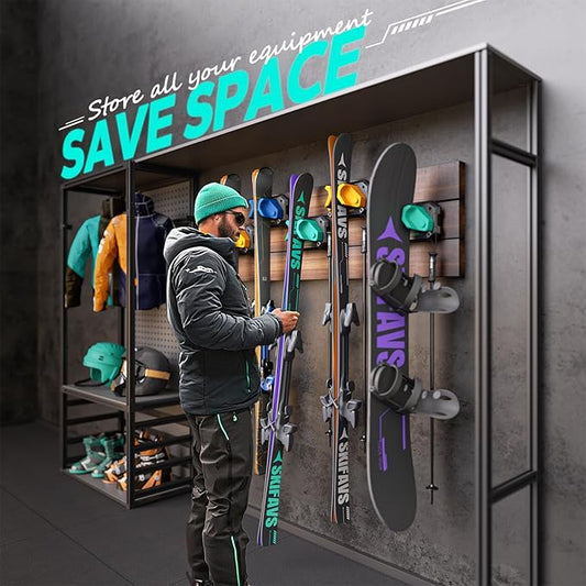 Ski & Snowboard Wall Rack for Garage Wall Fits Any Ski/board, Ski Wall Mount Holders Damage-Free Storage Rack, Garage Organization Space-Saving Winter Gear Organizer, Green, 2 Pack