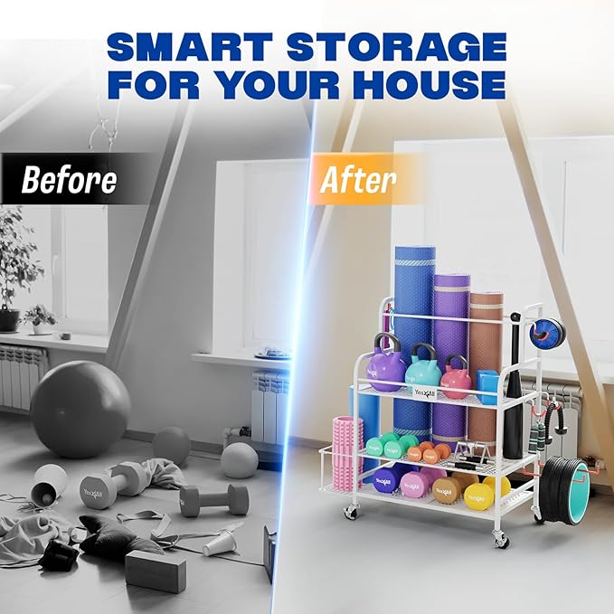 Yes4All Dumbbell Rack, Weight Rack for Home Gym, Sports Equipment Organizer for Dumbbells Kettlebells Yoga Mat Foam Roller and Balls, All in One Gym Workout Storage with Wheels and Hooks