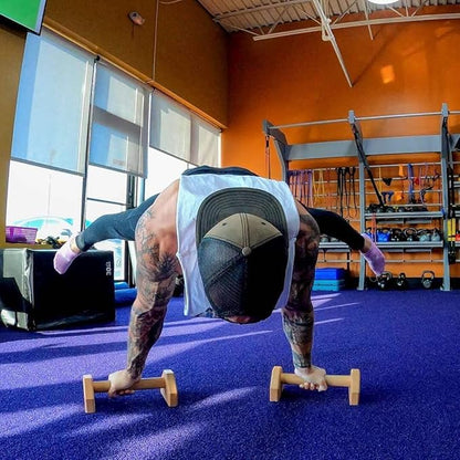 Calisthenics Wood Parallettes Bars | Push Up Bar That Will Not Slip or Wobble | Wrist Wraps Included