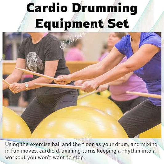 Atarvana Cardio Drumming Equipment Set, Extra Thick Yoga Ball with Pump & Cardio Drumming Sticks with Grips, Aerobic Exercise Ball Drumsticks Workout Set for Stability, Rhythm, Gymnastics