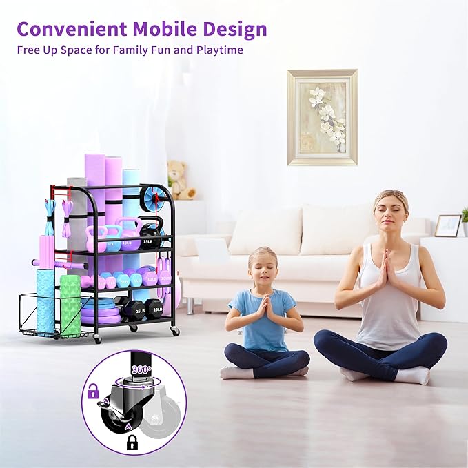 Dumbbell Rack, Weight Rack for Home Gym, 400LBS Metal Home Gym Storage with Lockable Wheels & 4 Adjustable Hooks, Weight Stand for Yoga Mat Storage, Dumbbells, Kettlebell, Foam Roller, Resistance Bands (Black)