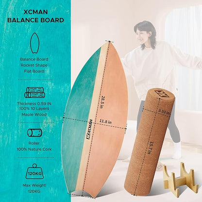 XCMAN Surf Balance Board Trainer with Roller Wooden Exercise Balancing Stability Trainer - Non Slip Surface for Adults Kids|Balance Board for Surfing,Snowboarding,Skateboarding,Hockey,Yoga Training