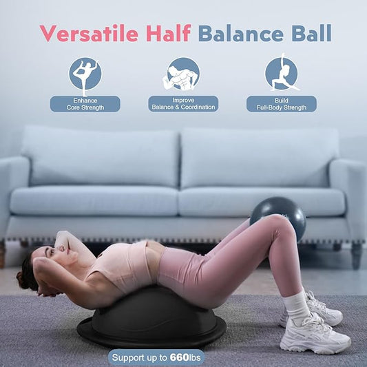 Half Balance Ball Trainer, Inflatable Half Exercise Ball Balance Trainer with Pilates Ball & Resistance Bands, Non-Slip Half Yoga Ball for Home Gym Full Body Workouts
