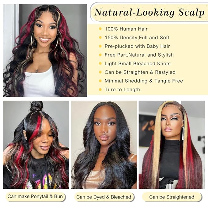 FABA Skunk Stripe Wigs Black Red Blonde Highlights Wig Human Hair 32 inch 13x4 HD Lace Front Human Hair 180% Density Black and Red Wig Highlight Body Wave Pre Plucked with Baby Hair