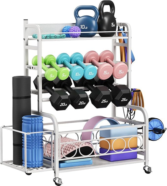 Dumbbell Rack, VOPEAK Weight Rack for Home Gym, Home Gym Storage Rack for Yoga Mat Kettlebells and Strength Training Equipment, Weight Storage Rack for Dumbbells with Wheels