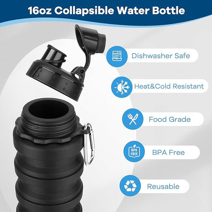 Collapsible Water Bottles 17oz, Reuseable BPA Free Silicone Foldable Water Bottle With Carabiner, Lightweight Leakproof Travel Water Bottle for Gym, Traveling, Camping, Hiking, Sports-Blue