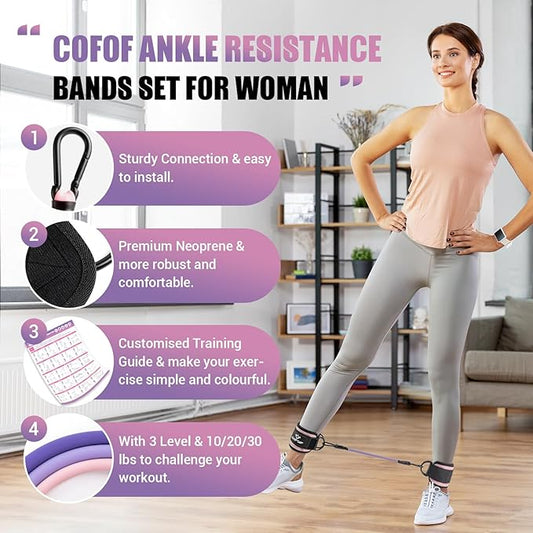 Ankle Resistance Bands With Cuffs for Working Out, Kickbacks, Hip, Leg and Glute Exercise - Training Poster Included - for Women