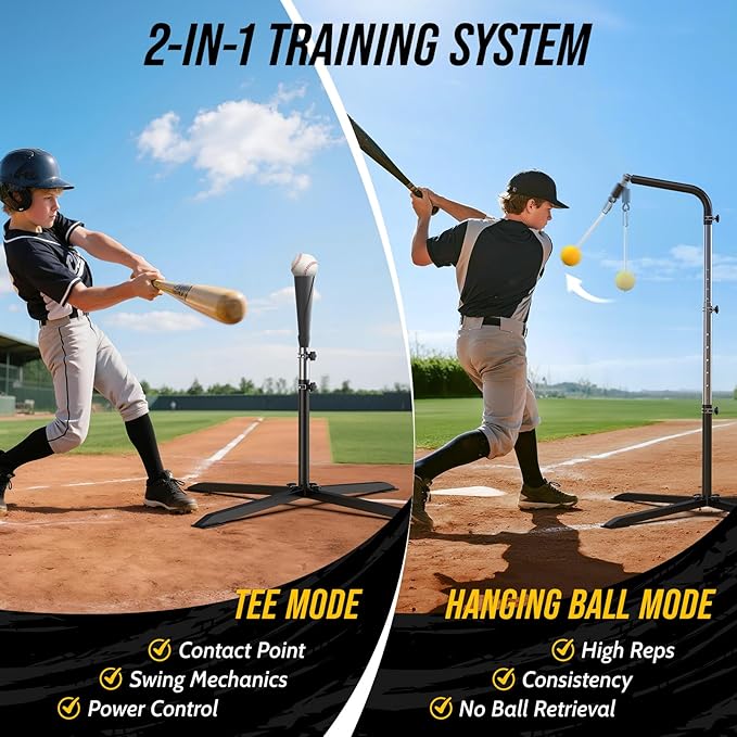2-in-1 Baseball & Softball Swing Trainer with Batting Tee – Adjustable Height 30"-46", Heavy-Duty X-Base for Stable Hitting, Practice Equipment for Home, Backyard, Kids & Teens