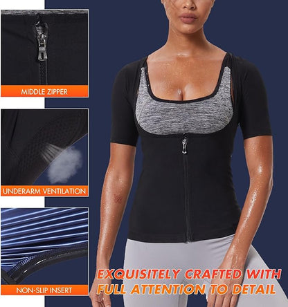 Sauna Suit Shirt for Women Sweat Jacket Hot Waist Trainer Zipper Short Sleeve Workout Vest Tank Top Body Shaper