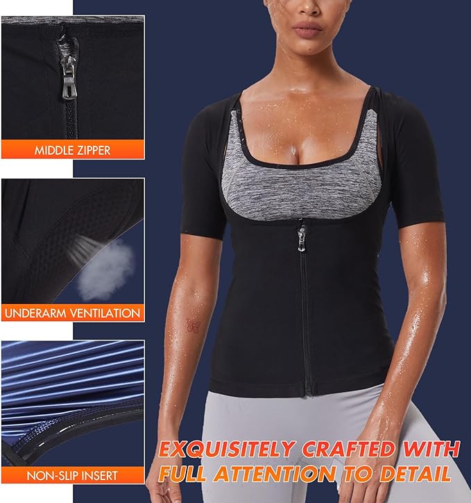 Sauna Suit Shirt for Women Sweat Jacket Hot Waist Trainer Zipper Short Sleeve Workout Vest Tank Top Body Shaper