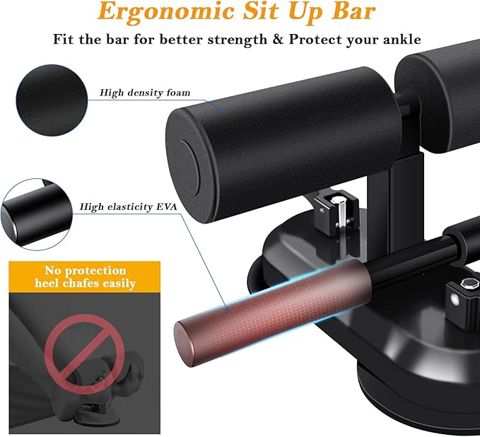 Sit Up Bar Floor, Portable Sit Up Exercise Equipment with 2 Strong Suction Cups and Adjustable Foot Holder, Abs Master Assistant Device for Home Workout with Massage Roller