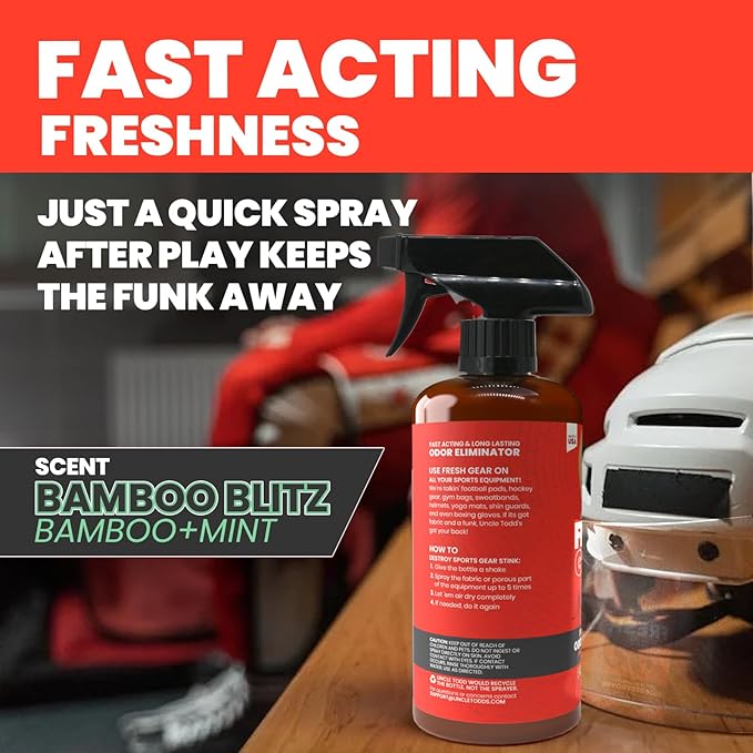 Uncle Todd's Fresh Gear Sports Equipment Odor Eliminator Spray - Extra Strength Enzyme-Powered Deodorizer for Football, Hockey, Gym Bags, and Athletic Gear - Bamboo Blitz Scent - 16 oz
