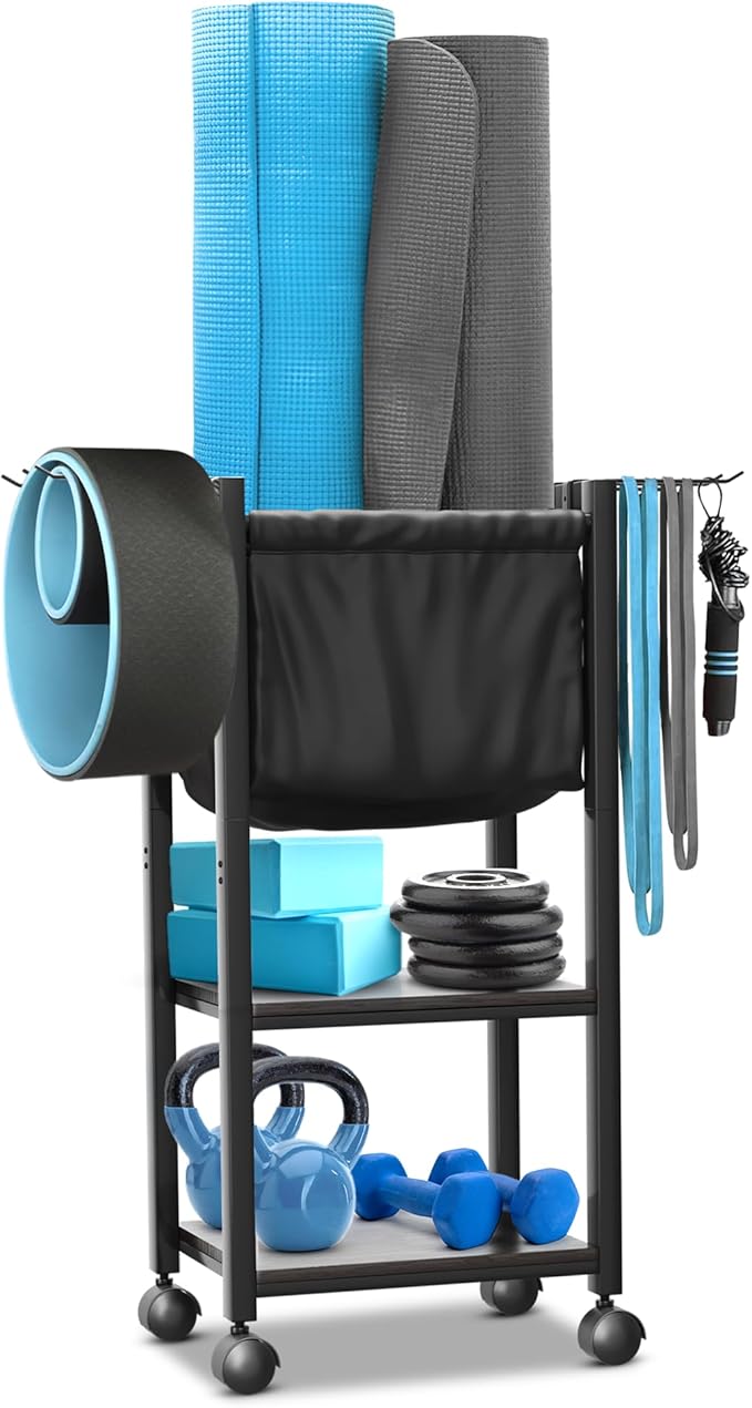 Multifunctional Home Gym Storage Rack - Metal Exercise Equipment Storage w/Wooden Shelf, Hooks & Black Yoga Mat Home Gym Organizer Basket - 88LBS Max Cap Weight Rack for Dumbbells & More