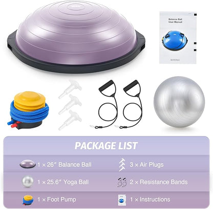 ZELUS 25in. Balance Ball | 660lb Inflatable Half Exercise Ball Wobble Board Balance Trainer w Nonslip Base | Half Yoga Ball Strength Training Equipment w 2 Bands, Pump, Extra Ball Included
