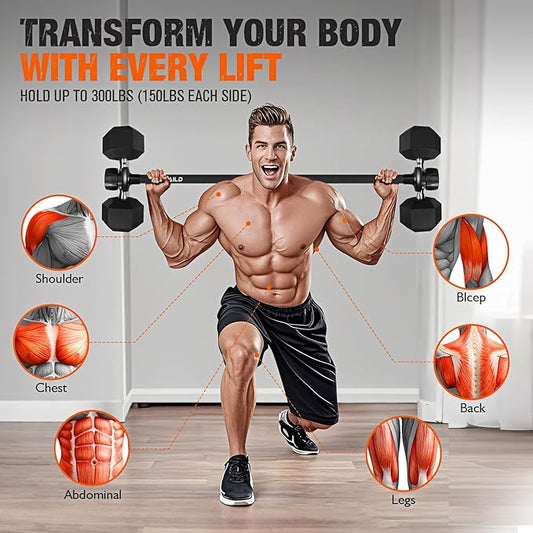 Dumbbell Converter, Convert Dumbbells to Barbell Set, Weight Bar for Bench Presses, Squats, Hip Thrust, Deadlifts, Home Weightlifting and Strength Training, Up to 300lbs, Versatile Home Gym Equipment