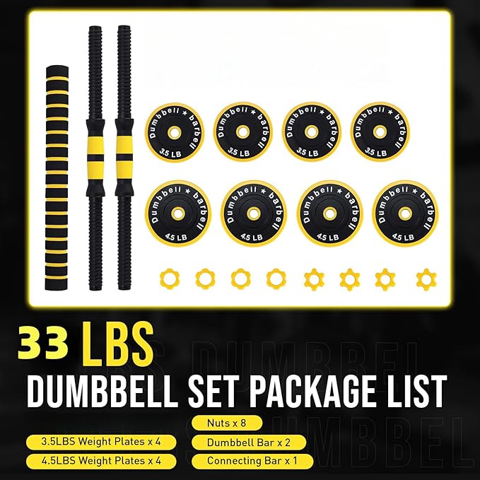 Dumbbell Sets Adjustable Weights, 33/44 Lb Free Weights Dumbbells Set for Home Gym