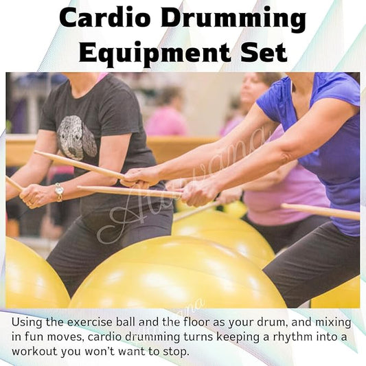 Atarvana Cardio Drumming Equipment Set, Extra Thick Yoga Ball with Pump & Cardio Drumming Sticks with Grips, Aerobic Exercise Ball Drumsticks Workout Set for Stability, Rhythm, Gymnastics