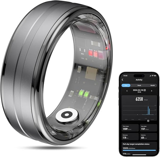Smart Ring Health Tracker for Men/Women,Fitness Ring Sleep Tracker,Fast Charging for Long-Lasting Use,for Pedometer Exercise,Monitor Sleep, Heart Rate, Stress,Waterproof (Deep Gray, 8)