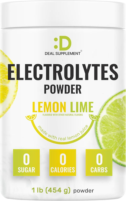 DEAL SUPPLEMENT Electrolytes Powder, 1lb – Lemon Lime – No Sugar Electrolyte Drink Mix – 1,000mg High Potassium Per Serving – Supports Natural Hydration & Energy – Non-GMO, Gluten Free