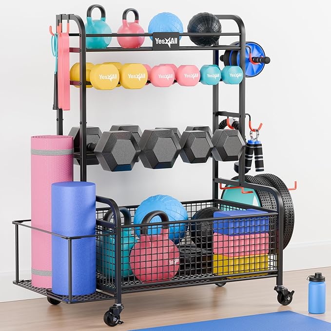 Yes4All Dumbbell Rack, Weight Rack for Home Gym, Sports Equipment Organizer for Dumbbells Kettlebells Yoga Mat Foam Roller and Balls, All in One Gym Workout Storage with Wheels and Hooks