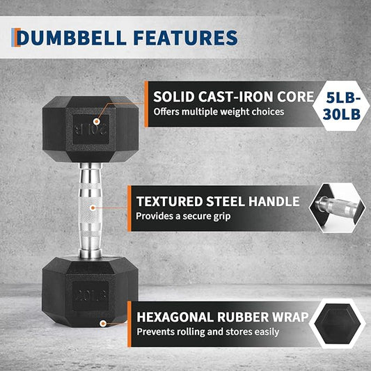 60 LB-100 LB Hex Dumbbells Set, 5-30 LB Rubber Coated Hex Dumbbell Weights Set for Strength Training, Exercise & Fitness Dumbbells, 60 LBS (5x2+10x2+15x2), 100 LBS (20x2+30x2), Black