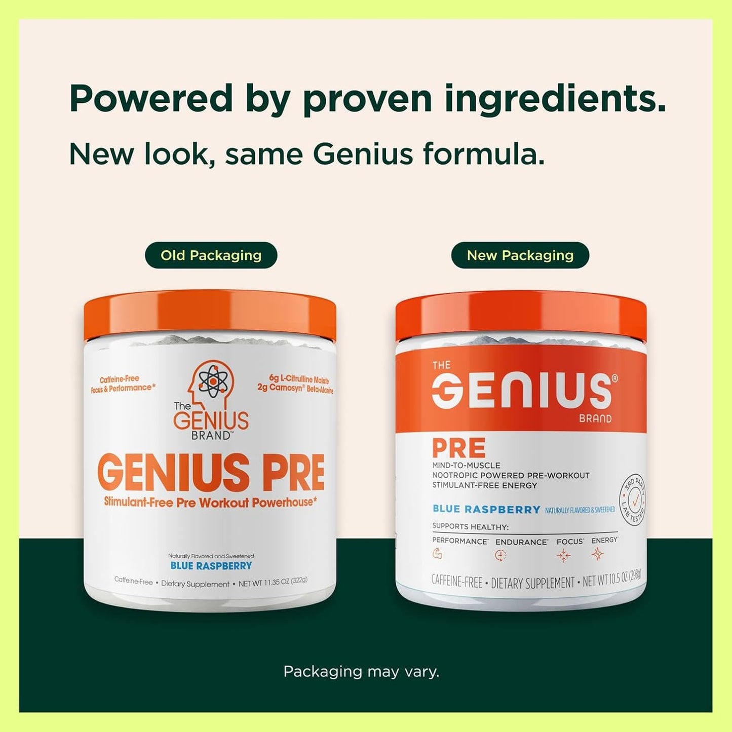 Genius Pre Caffeine-Free Pre Workout Boosted Energy, Focus, Performance Nootropic Formula AlphaSize, Citrulline Malate, CarnoSyn Beta Alanine Endurance, Stamina, Recovery, 20 Servings - Blue Raspberry