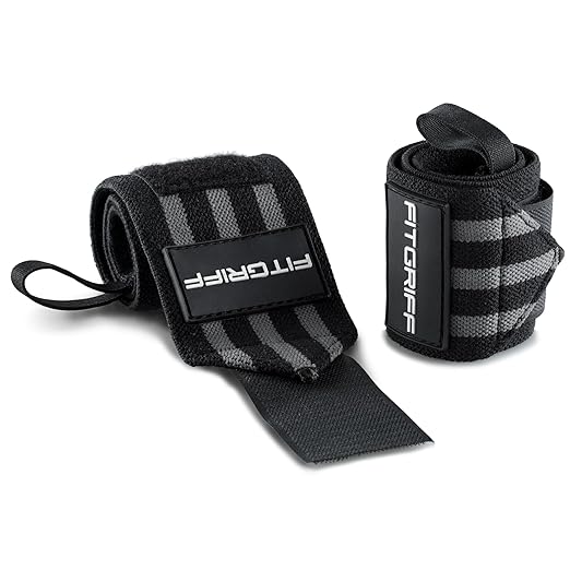 Fitgriff® Wrist Wraps for Weightlifting (18") Heavy-Duty Support for Gym, Bench Press, and Pushups (1 Pair) - for Men and Women (Black/Grey)