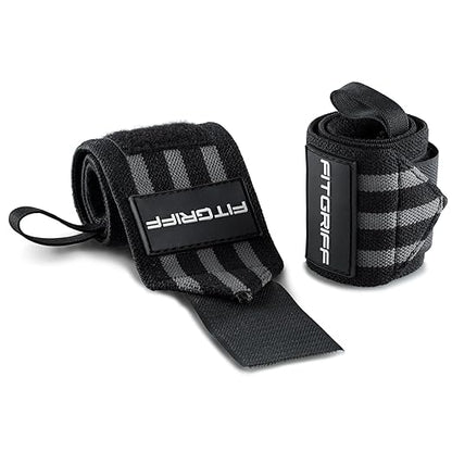Fitgriff® Wrist Wraps for Weightlifting (18") Heavy-Duty Support for Gym, Bench Press, and Pushups (1 Pair) - for Men and Women (Black/Grey)
