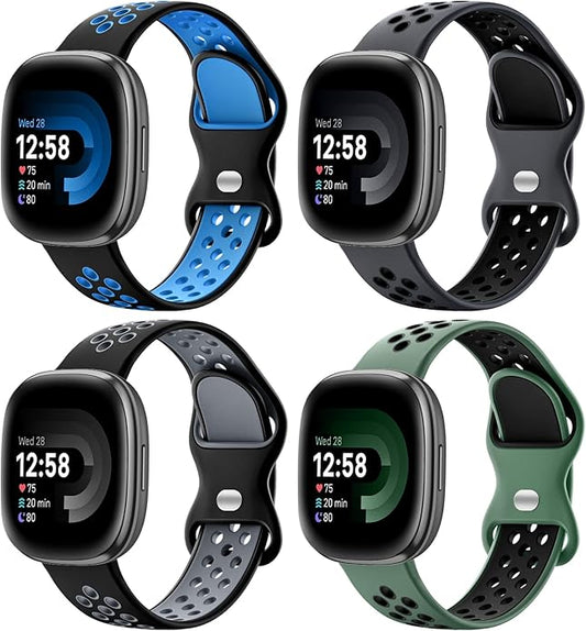 Maledan 4 Pack Sport Band Compatible With Fitbit Versa 3/4 and Sense/Sense 2 Smart Watch, Soft Wristband Replacement Accessories for Women and Men