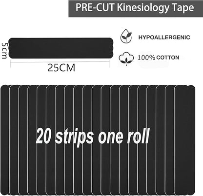 Kinesiology Tape Pro Precut 20 Strips Athletic Sports Waterproof Breathable Latex Free Tape for Ankle Wrists Knee Elastic Running Tennis Swimming Football Sports Activities Tapes (Black)