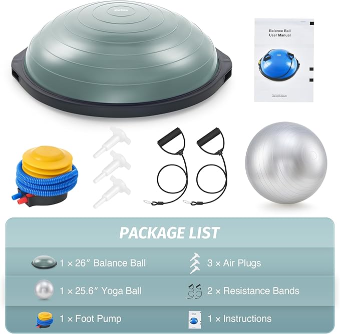ZELUS 25in. Balance Ball | 660lb Inflatable Half Exercise Ball Wobble Board Balance Trainer w Nonslip Base | Half Yoga Ball Strength Training Equipment w 2 Bands, Pump, Extra Ball Included