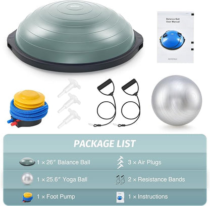 ZELUS 25in. Balance Ball | 660lb Inflatable Half Exercise Ball Wobble Board Balance Trainer w Nonslip Base | Half Yoga Ball Strength Training Equipment w 2 Bands, Pump, Extra Ball Included