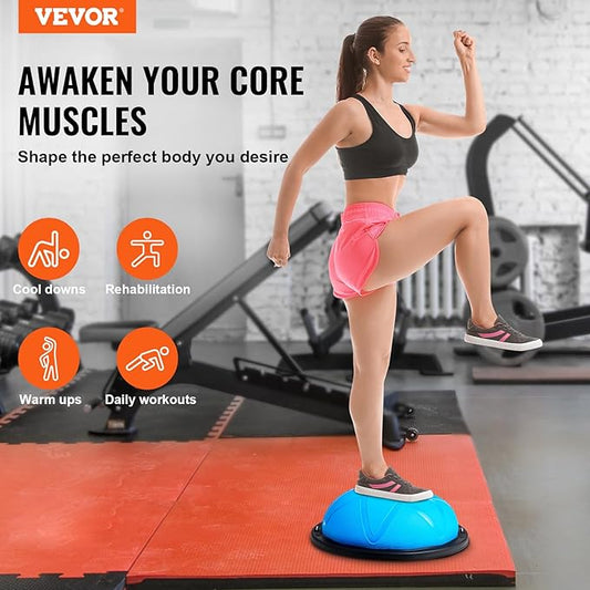 VEVOR Half Exercise Ball Trainer, 23/26 inch Balance Ball Trainer, 1500lbs Capacity Stability Ball, Yoga Ball with Resistance Bands & Foot Pump, Strength Fitness Ball for Home Gym Full Body Workout Black