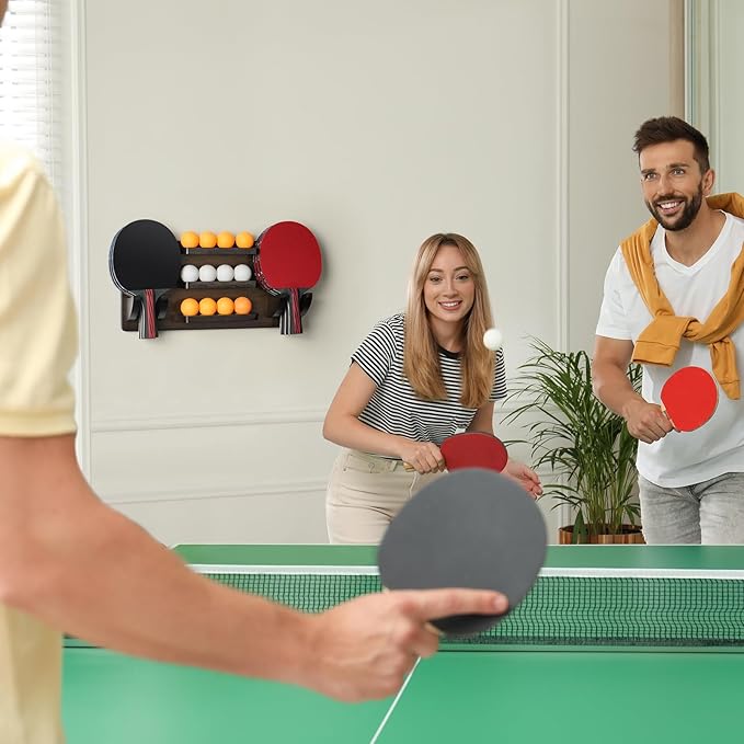 ikkle Ping Pong Paddle Holder Wall Mounted Table Tennis Racket Display for 6 Paddles and 12 Balls Storage, Ping Pong Accessories Organizer in Game Room, Man Cave, Bar Room, Garage, Office, Home
