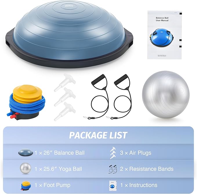 ZELUS 25in. Balance Ball | 660lb Inflatable Half Exercise Ball Wobble Board Balance Trainer w Nonslip Base | Half Yoga Ball Strength Training Equipment w 2 Bands, Pump, Extra Ball Included