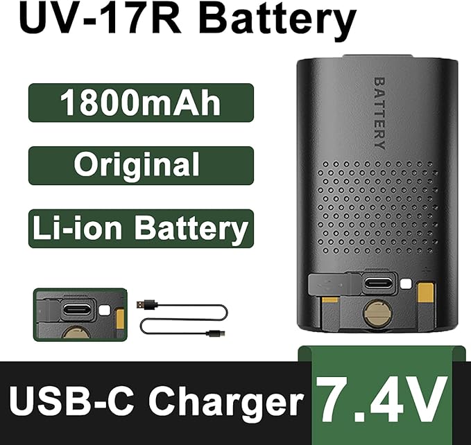 BAOFENG 2 Packs UV-17R Battery with Type-c Cable BL-17UV Enlarge 1800mAh USB-C DC7.4V 13.32Wh 13.32Wh Li-ion