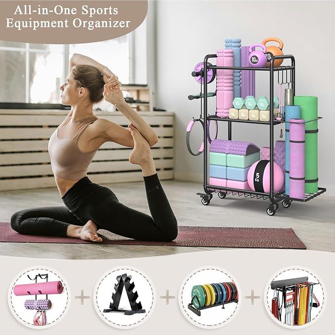 Weight Rack for Home Gym, All in One Yoga Mat Storage Rack, Workout Equipment Storage with Wheels and Hooks for Dumbbells Kettlebells Foam Rollers, Powder Coated Finish Steel
