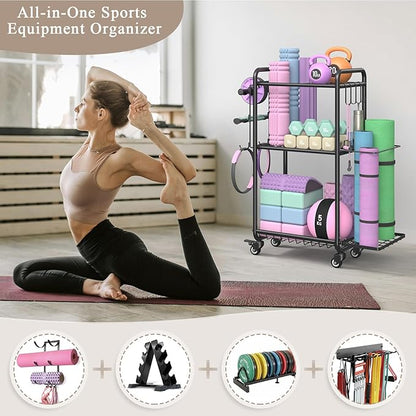 Weight Rack for Home Gym, All in One Yoga Mat Storage Rack, Workout Equipment Storage with Wheels and Hooks for Dumbbells Kettlebells Foam Rollers, Powder Coated Finish Steel