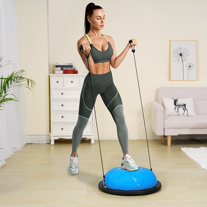 VEVOR Half Exercise Ball Trainer, 23/26 inch Balance Ball Trainer, 1500lbs Capacity Stability Ball, Yoga Ball with Resistance Bands & Foot Pump, Strength Fitness Ball for Home Gym Full Body Workout Black