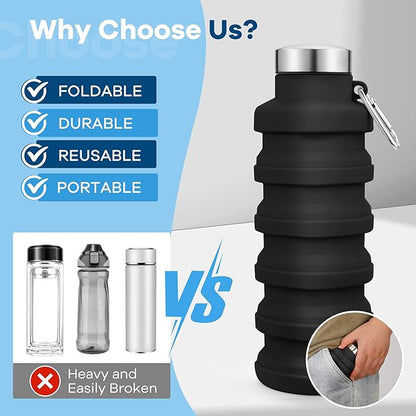 Collapsible Water Bottles 17oz, Portable Leak-Proof Travel Water Bottle, Reuseable BPA Free Silicone Foldable Water Bottle with Carabiner for Gym, Traveling, Camping, Hiking, Sports(Black+Pink)