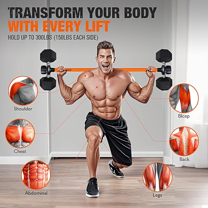 Dumbbell Converter, Convert Dumbbells to Barbell Set, Weight Bar for Bench Presses, Squats, Hip Thrust, Deadlifts, Home Weightlifting and Strength Training, Up to 300lbs, Versatile Home Gym Equipment